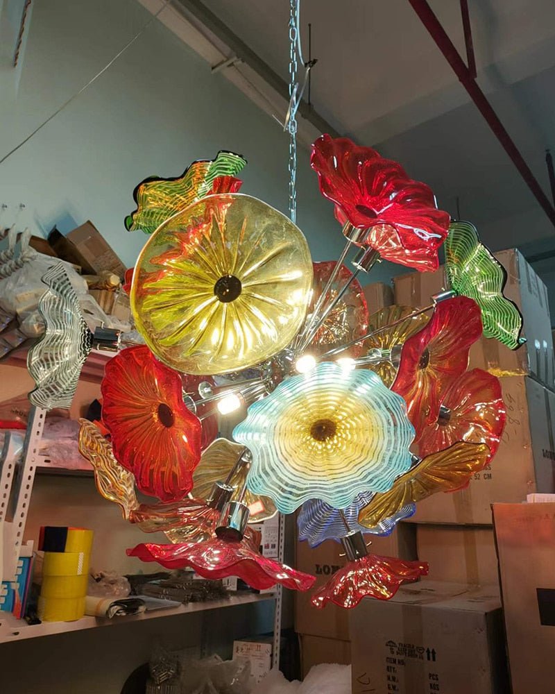 Modern Hand Blown Glass Chandelier Murano Art Light Flower Plates Lamp Home Living Room Decoration