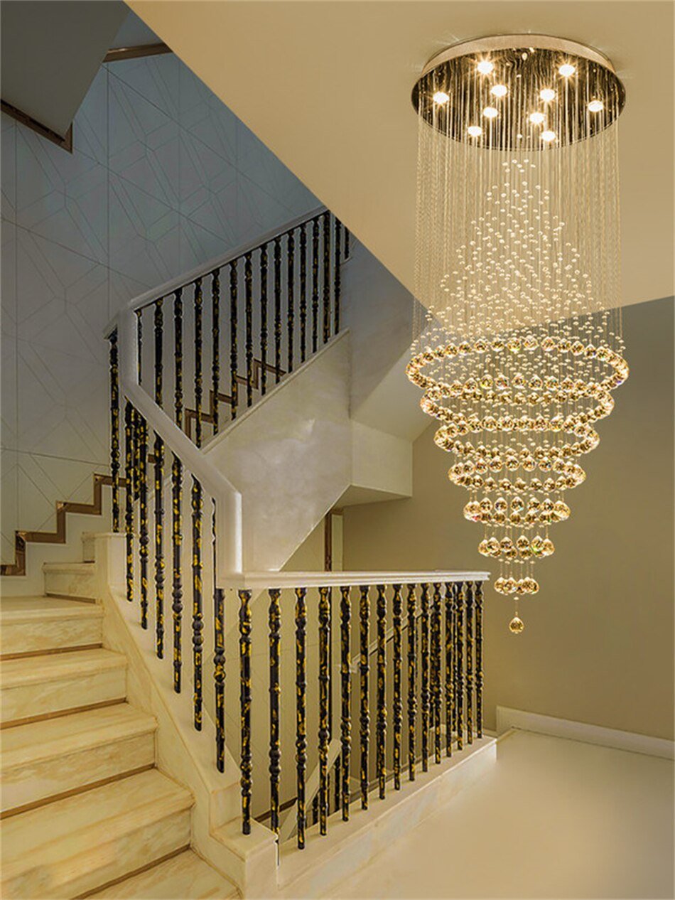 Modern LED Crystal Villa Chandelier Droplight Long Circular Crystal Lighting - ATY Home Decor