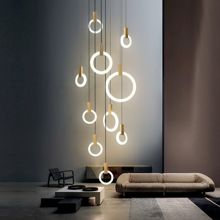 Lampadario a sospensione moderna in legno con lampadario ad anello a LED, soggiorno su scale, lampada a sospensione a sospensione