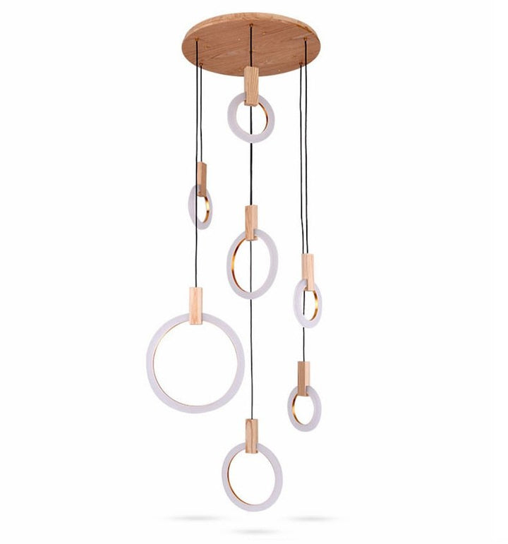 Lustre anneau en bois moderne LED Plafond Salon Escalier Suspension