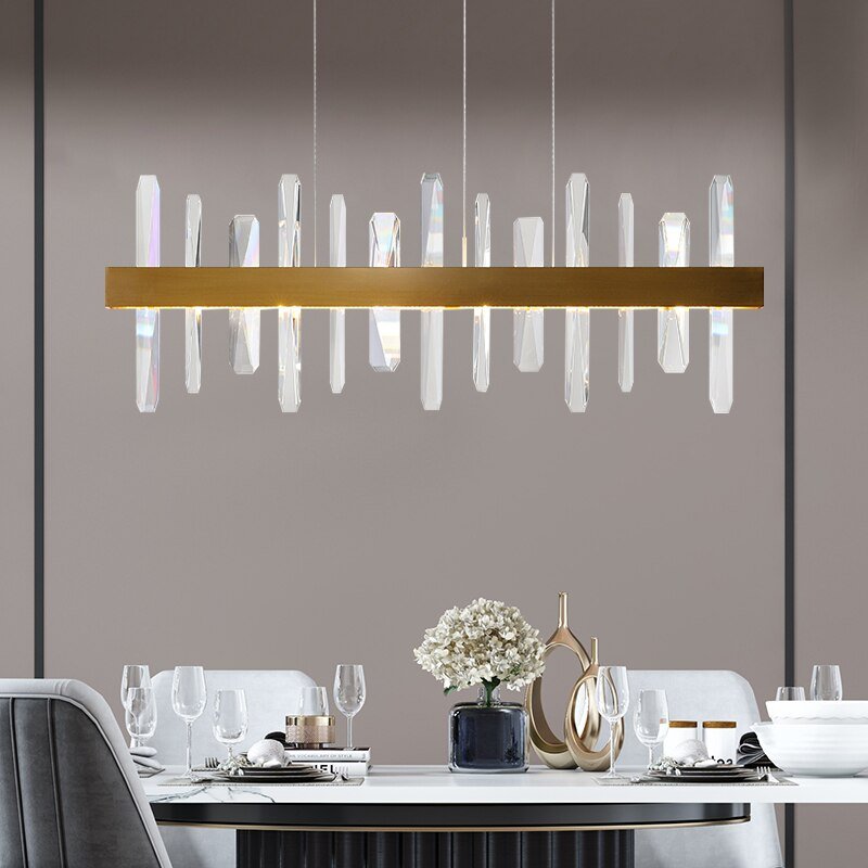 Candelabro moderno rectangular de oro en la sala de estar, comedor, decoración del hogar, luz de cristal, isla de cocina, iluminación interior