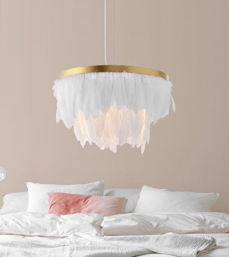 Nordic Feather Suspension Pendant Light Romantic Fairy Feather Pendant Lamp INS Feather Loft Ceiling Hanging Lighting