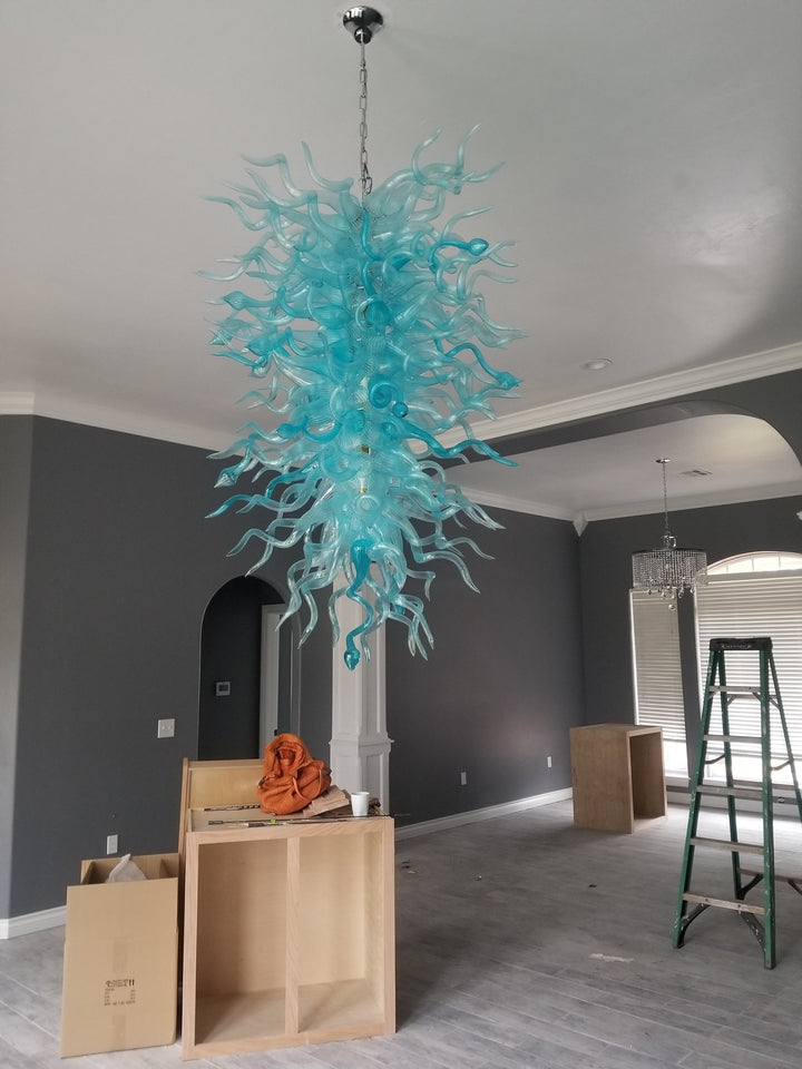 Stile nordico Aqua Blue Glass Chandelier Light Grande catena lunga Lampadario in vetro soffiato