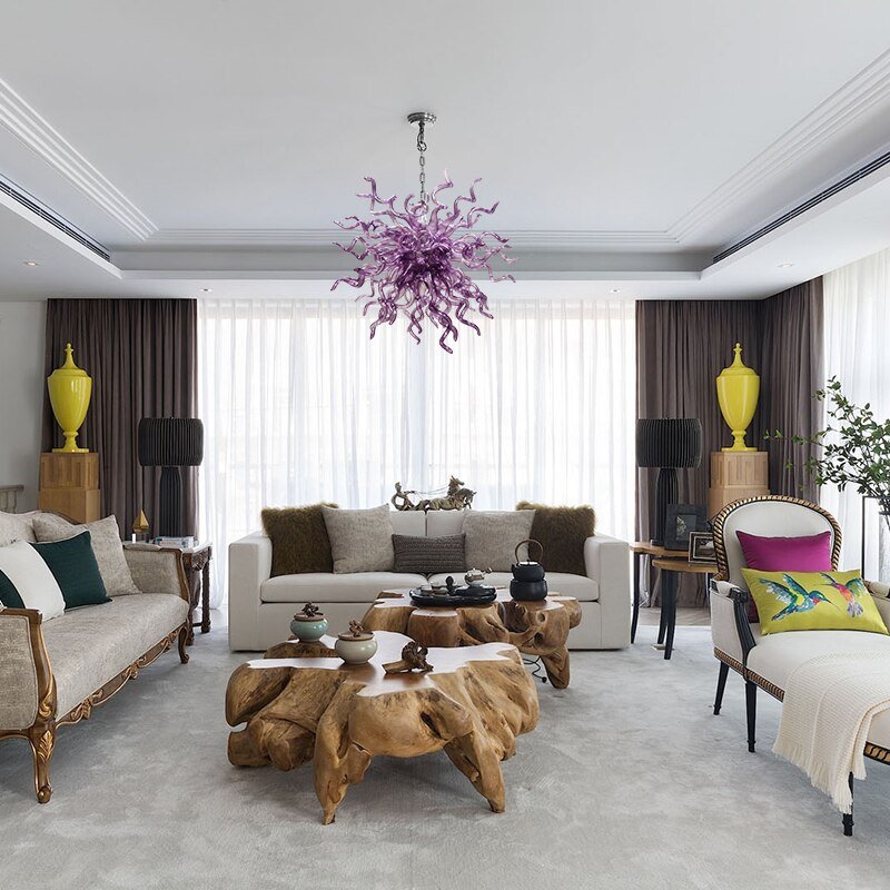 Purple Handmade Blown Glass Chandelier Elegant Hanging Pendant For Living Dining Room