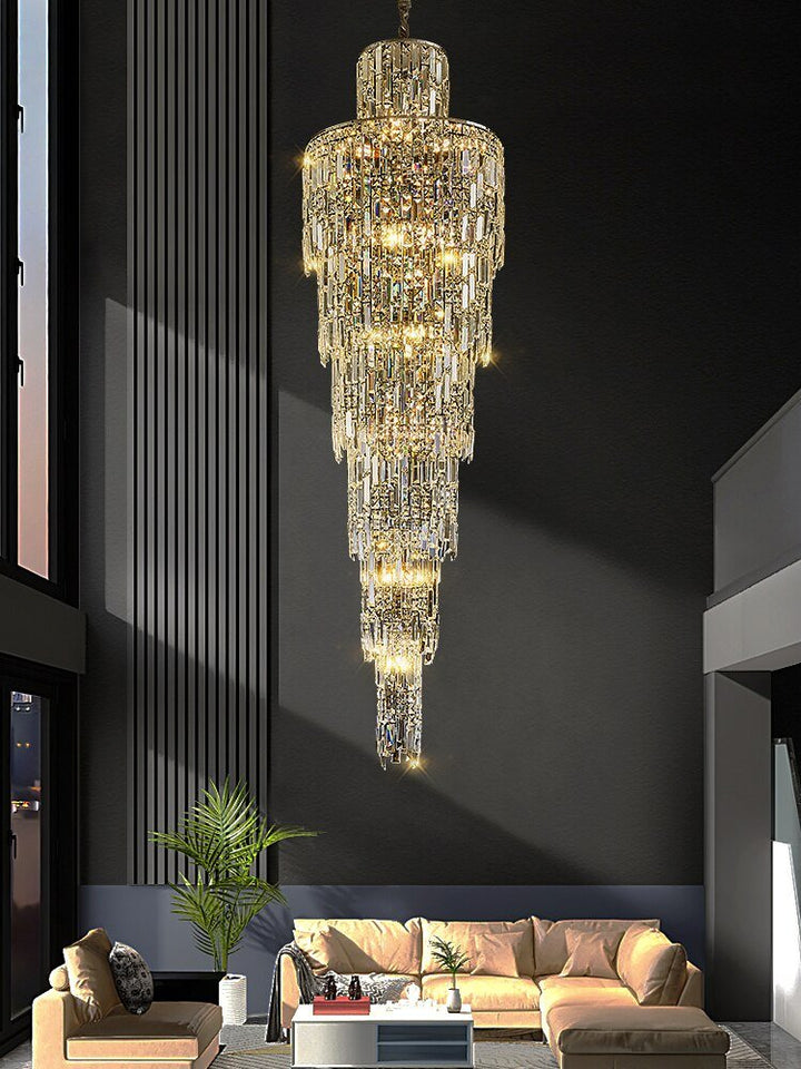 Villa Sala de estar de cristal de techo alto grande lámpara de araña de luz larga escalera
