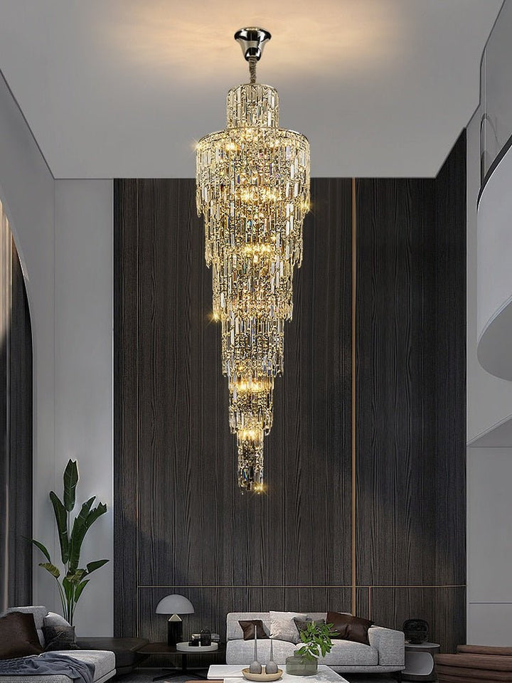 Villa Sala de estar de cristal de techo alto grande lámpara de araña de luz larga escalera